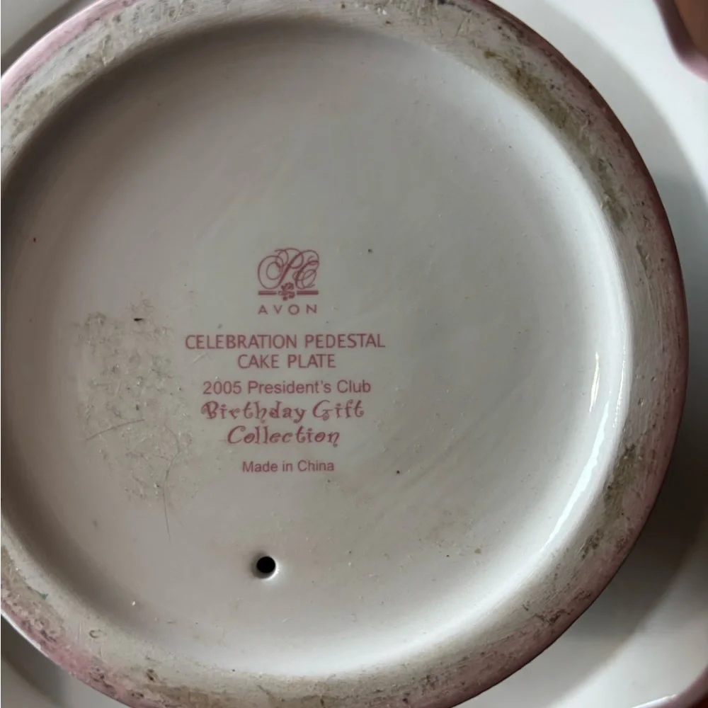Avon Celebration Cake Pedestal Plate with Pink Rim and Floral Base